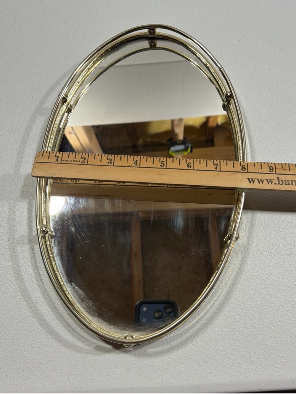 Vintage Oval Mirrored Vanity Tray Gold Tone Brass Rail MCM Hollywood Regency - Picture 9 of 9